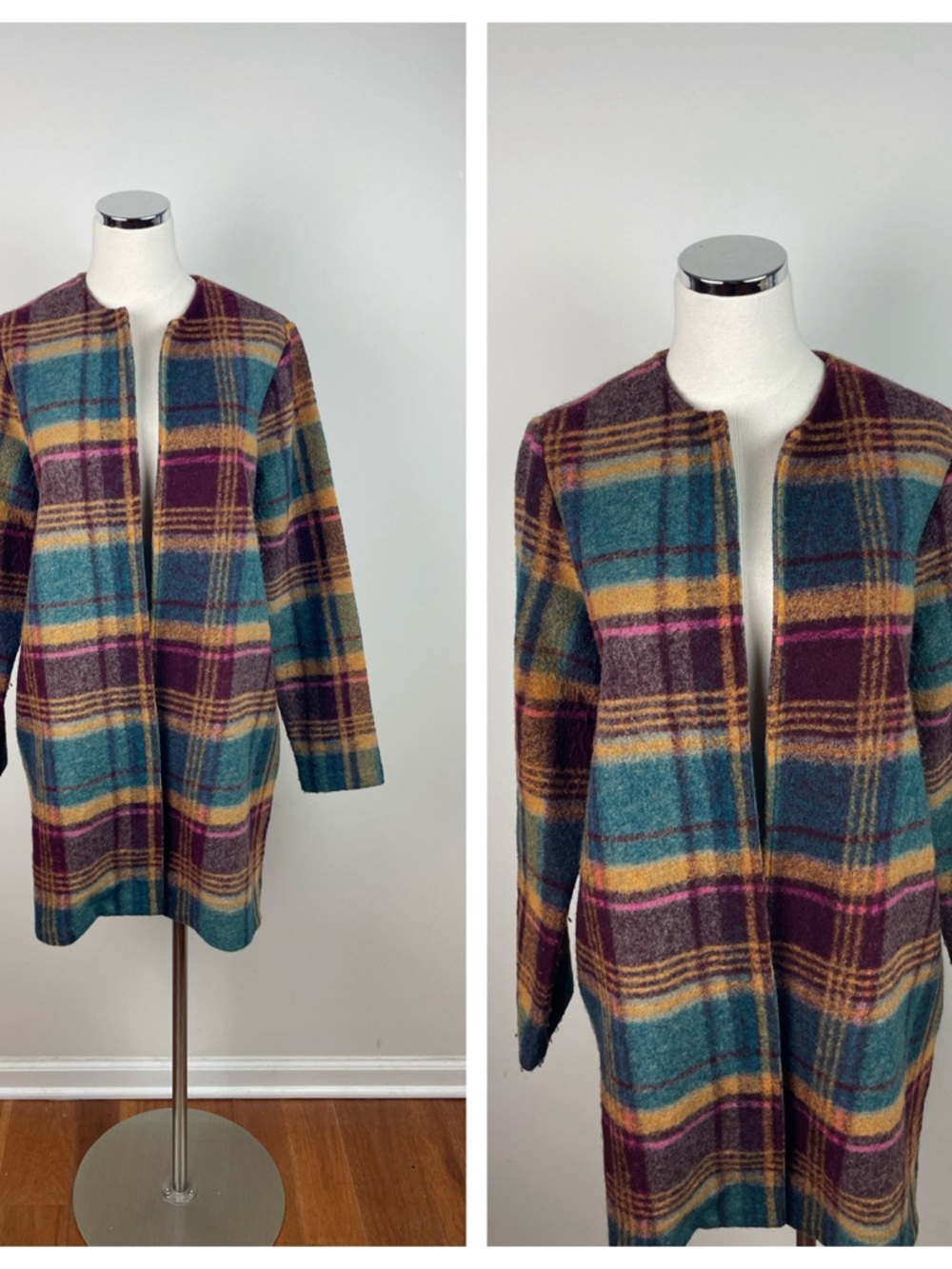 Rachel Zoe Wool Blend Burgundy Green Orange Plaid Long Sweater Coat Medium